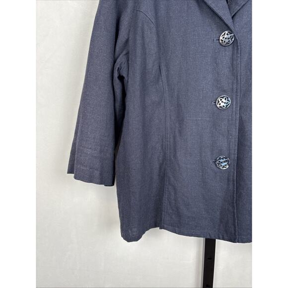 Susan Graver Linen Blend Blazer Jacket XL Navy Blue Crochet Detail Boho Classic - Picture 5 of 12